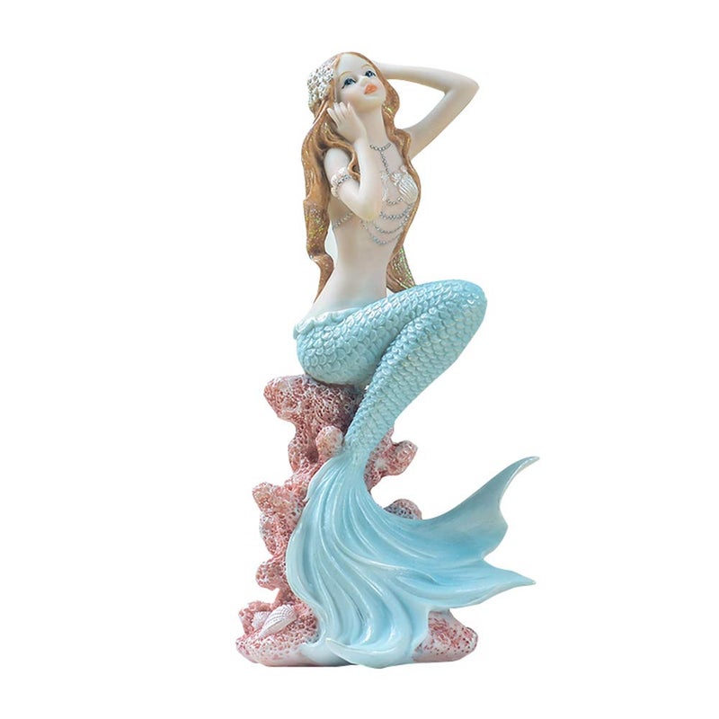 Rayberro Blue Mermaid Figurines 7.28" Resin Mermaid Sculpture Mediterranean Princess Ornaments Home Office Desktop Bookshelf Mermaid Collectible Figurines Crafts Fish Tank Aquarium Decoration - Image 1